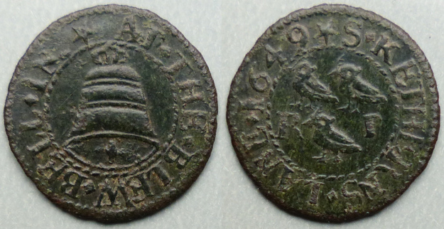 St. Katharine's Lane, R T AT THE BLEW BELL 1649 farthing